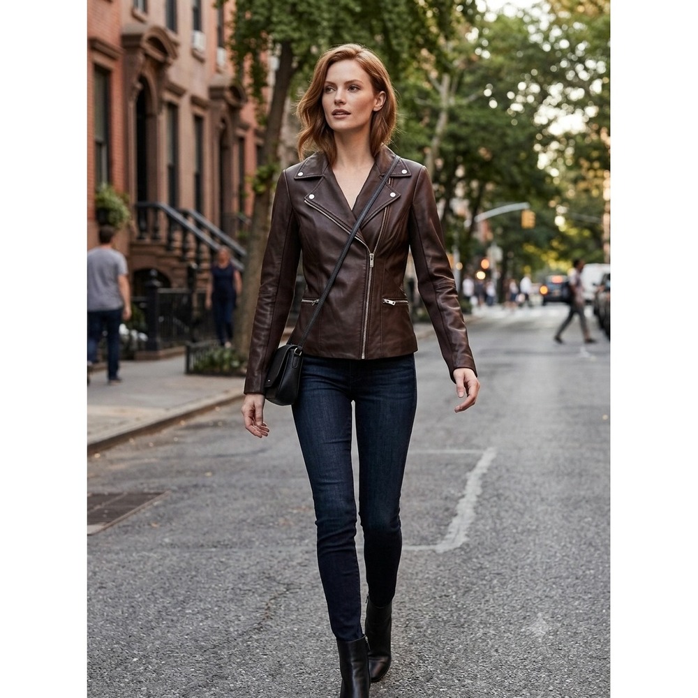 VEDA Dallas Dark Brown Lamb Leather Moto Biker Jacket Silver Zip Womens Small